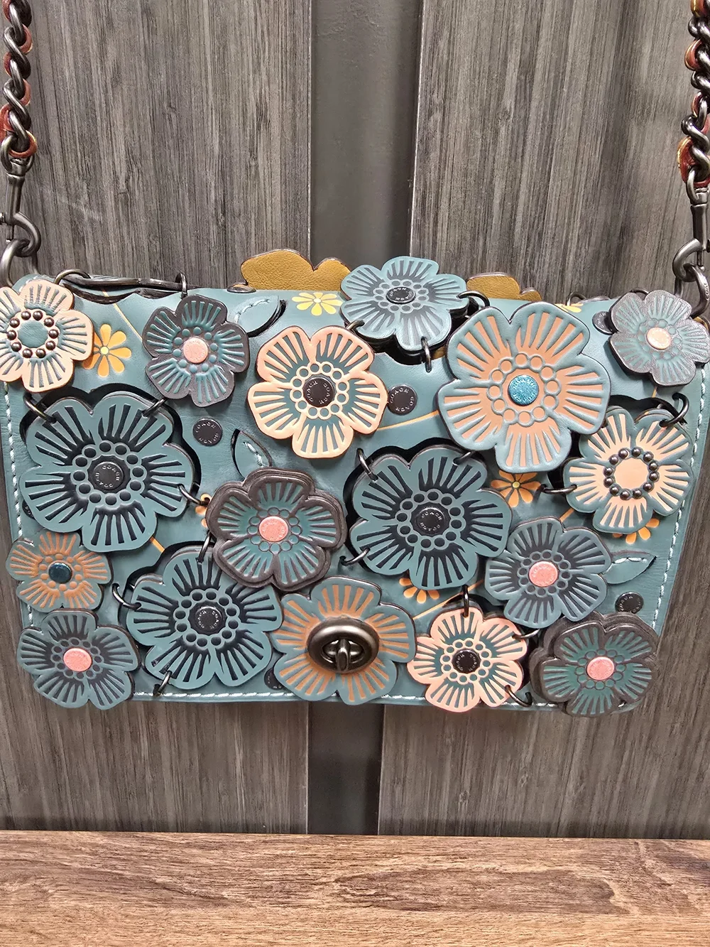 Coach Tea Rose Parker 18 Shoulder Bag Blue Floral Applique Glovetanned Leather